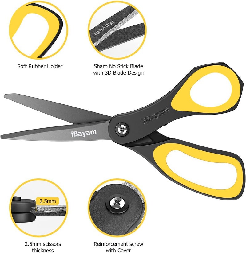 iBayam Scissors, iBayam 3 Pack 8" All Purpose Nonstick Scissors, 2.5MM Thickness Titanium Blades with Comfort Grip, Heavy Duty Shears for Office School Home Classroom General Use Art and Craft DIY Supplies - Image 3